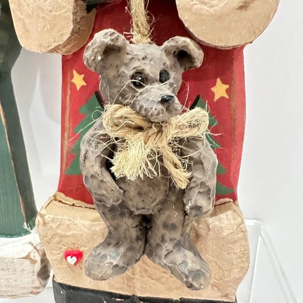 Kurt S Adler Wood Santa Ornaments Set 3 Folk Art Red Green Heart Bear KSA‎ Inc